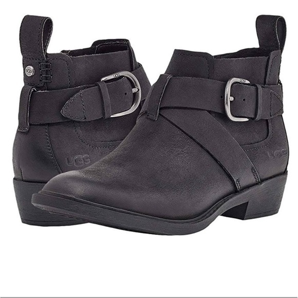 Ugg New Wylma Black Oiled Leather 1.5" Stacked Heel Strappy Moto Booties sz 11 - Picture 1 of 12